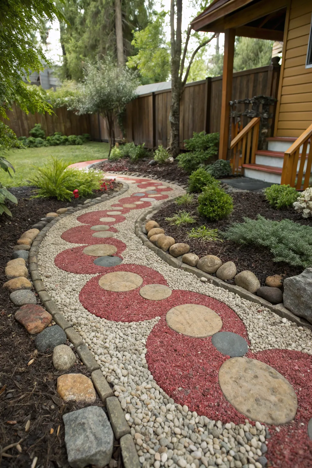 Elevate your backyard with a stone and gravel pathway that exudes craftsmanship and style.