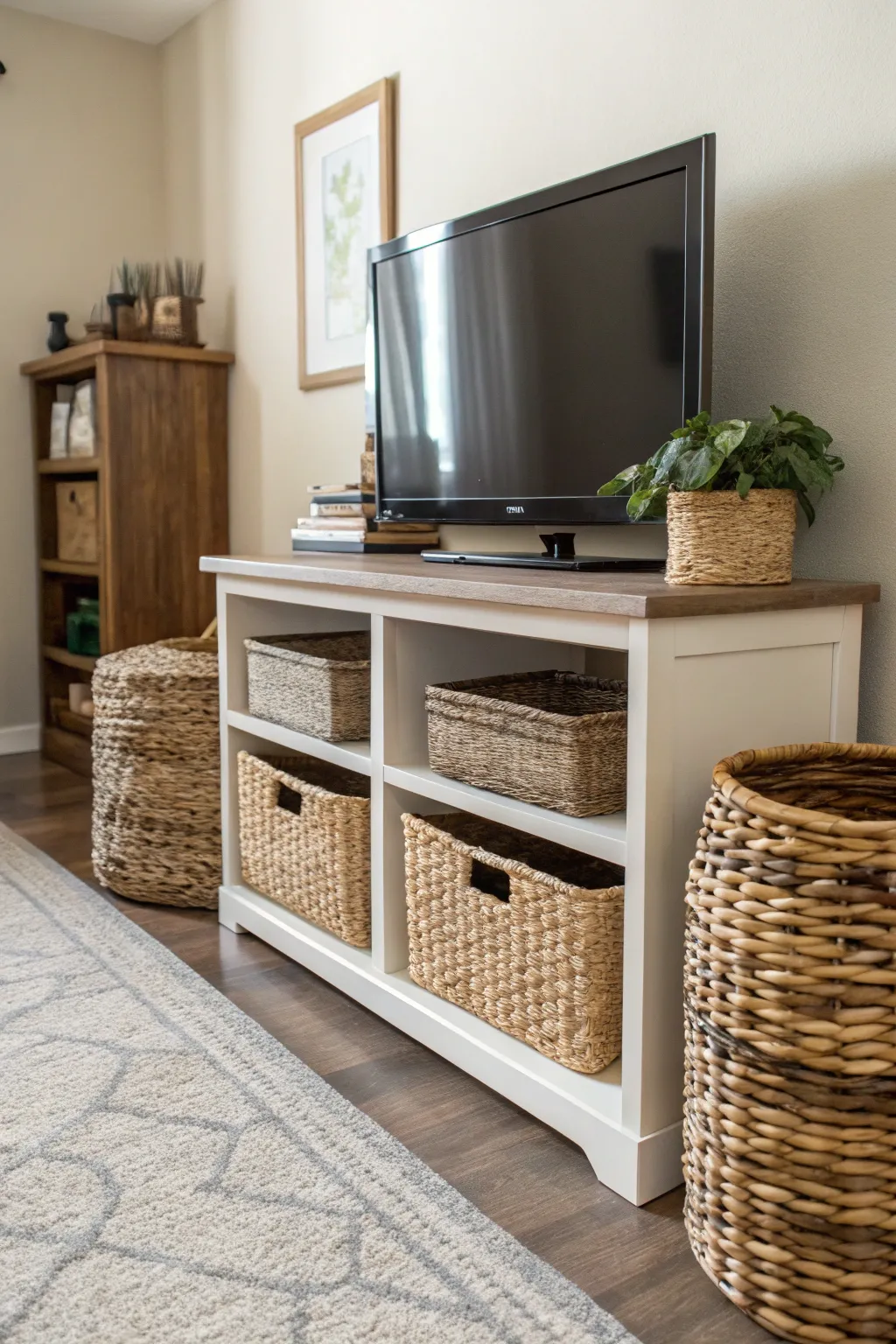 Decorative baskets offer a charming solution to contain cords.
