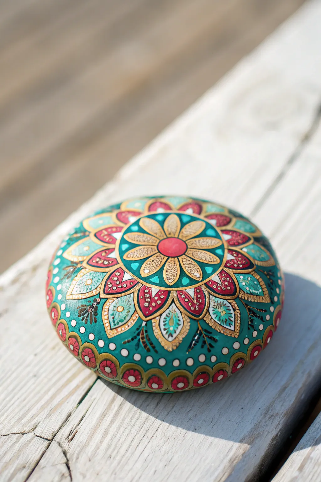Embrace serenity with the vibrant allure of a painted mandala stone, a perfect blend of artistry and peace.