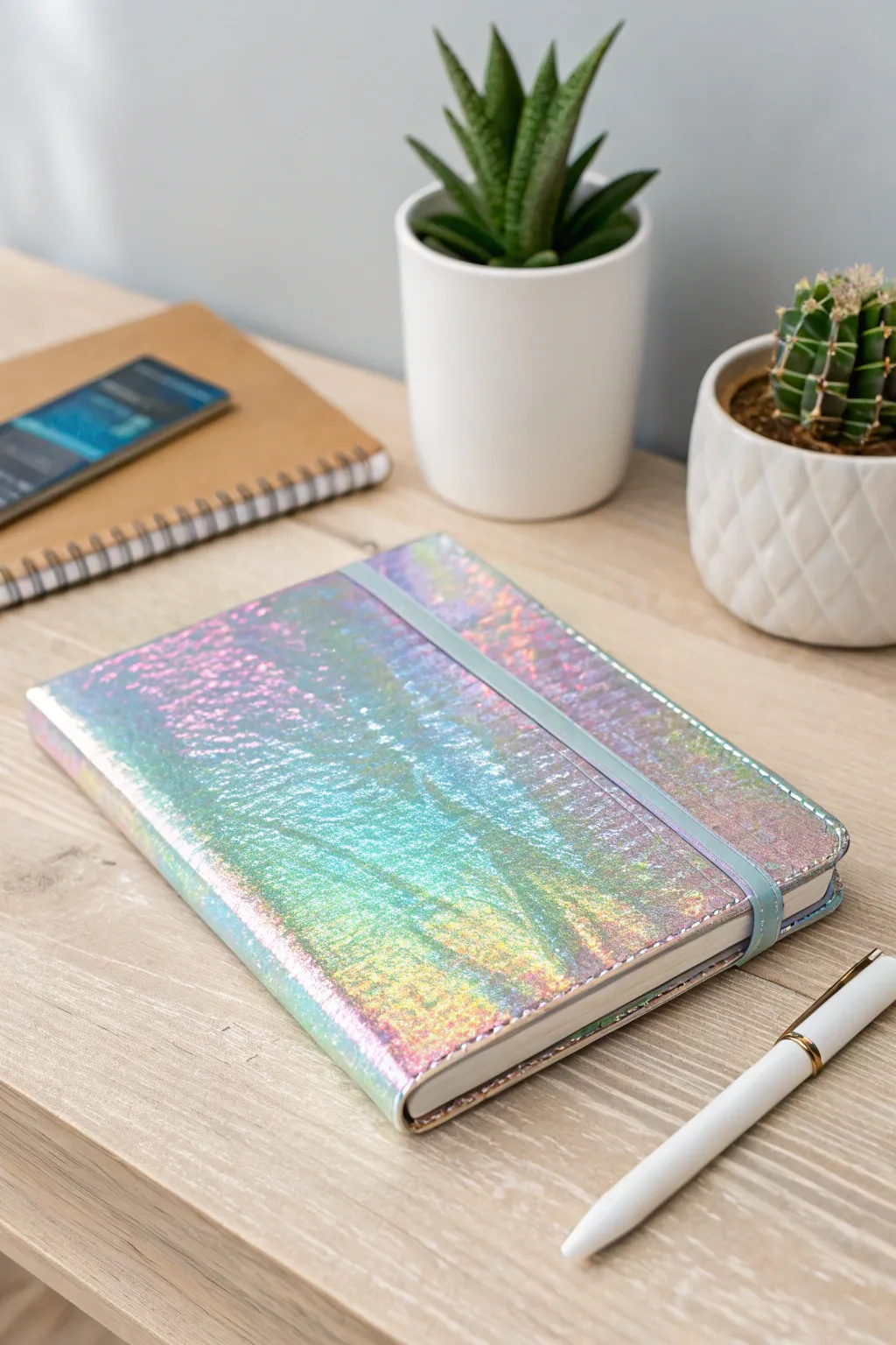 Transform your desk with a touch of holographic magic and minimalist charm.