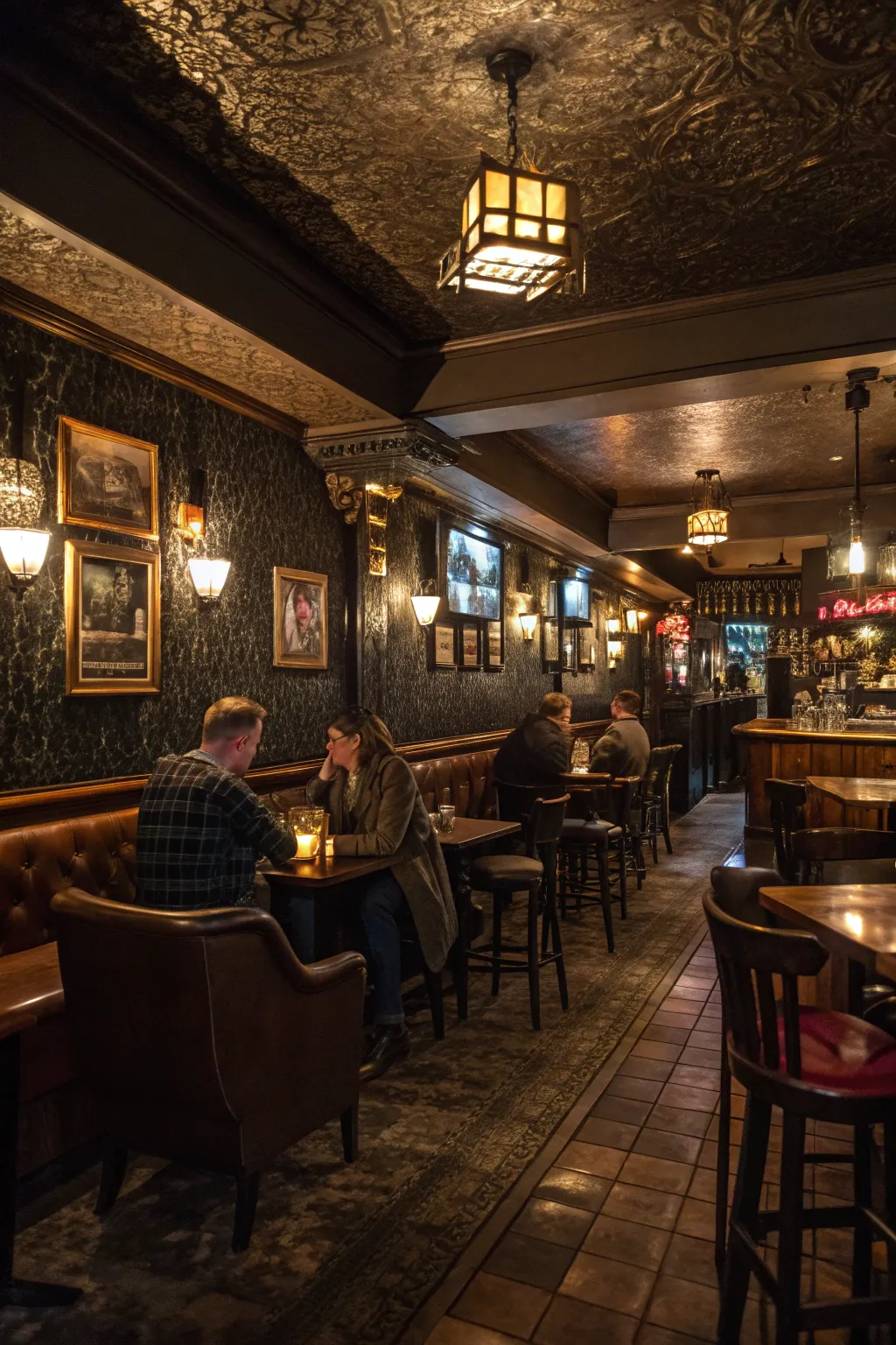 Textured walls in rich tones enhance the old-world charm of your home pub.