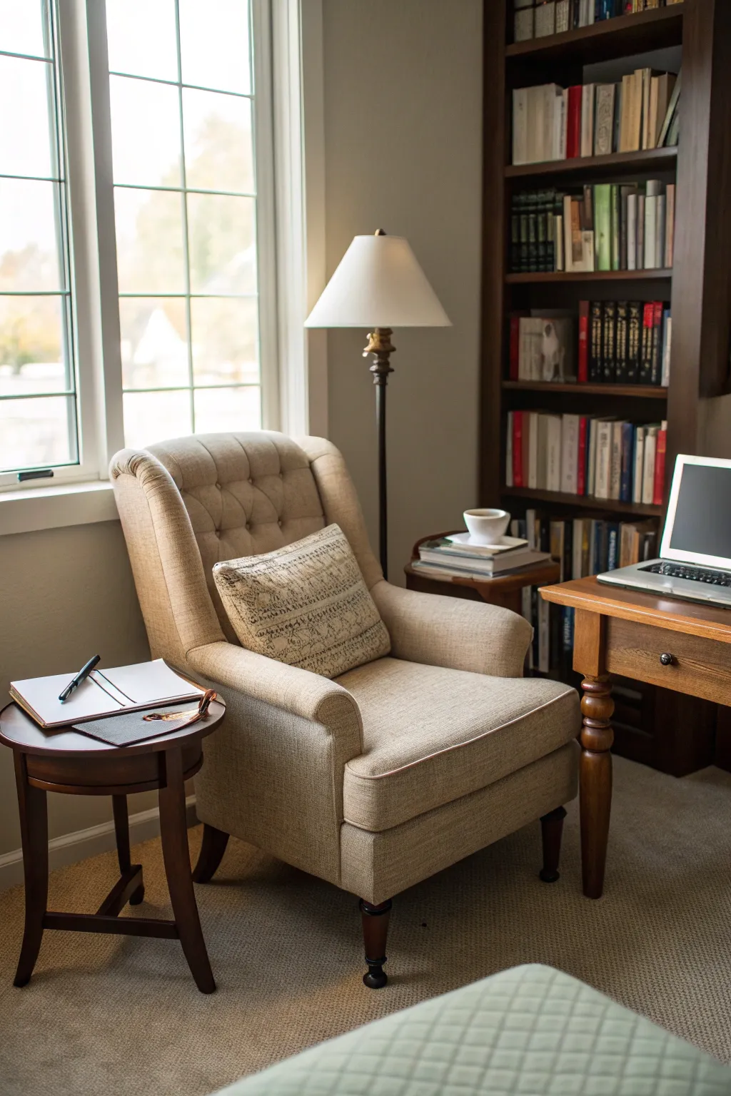 A cozy nook for relaxation within the home office.