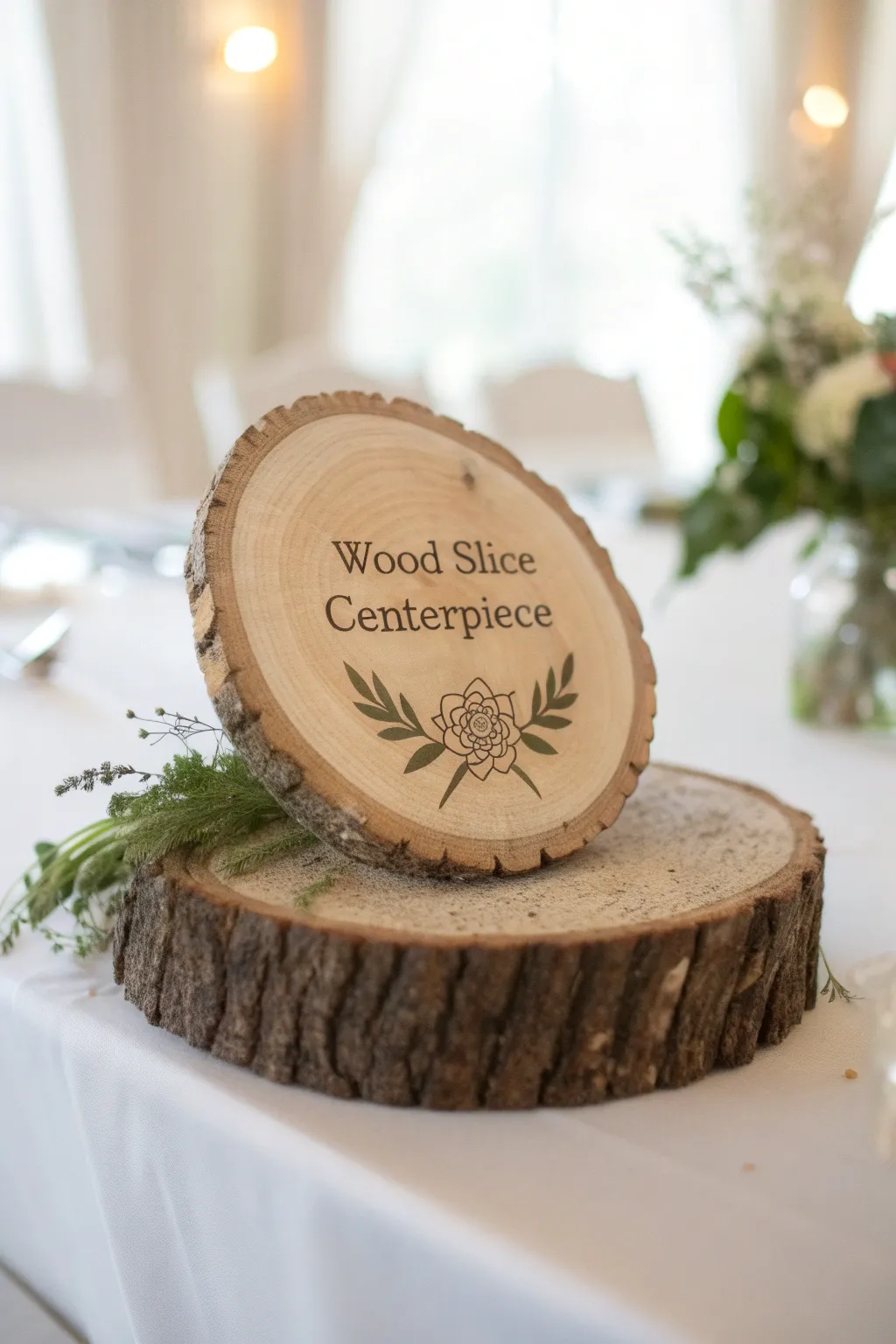 Add a personal touch to your celebration with these charming engraved wood slice centerpieces, perfect for a natural and elegant baptism decor.