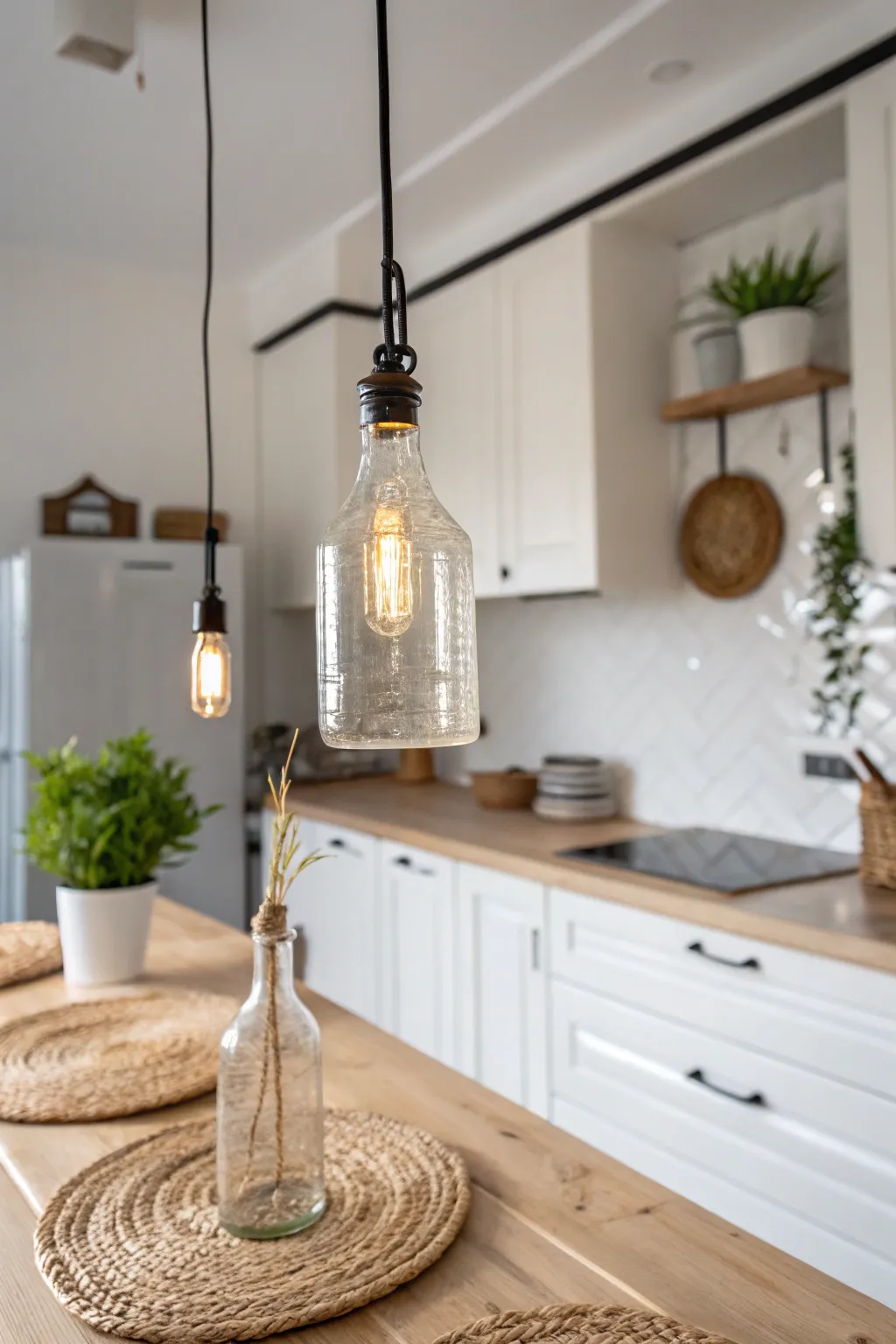 Elevate your kitchen with a touch of bespoke elegance: a handcrafted bottle pendant light that sparks conversation.