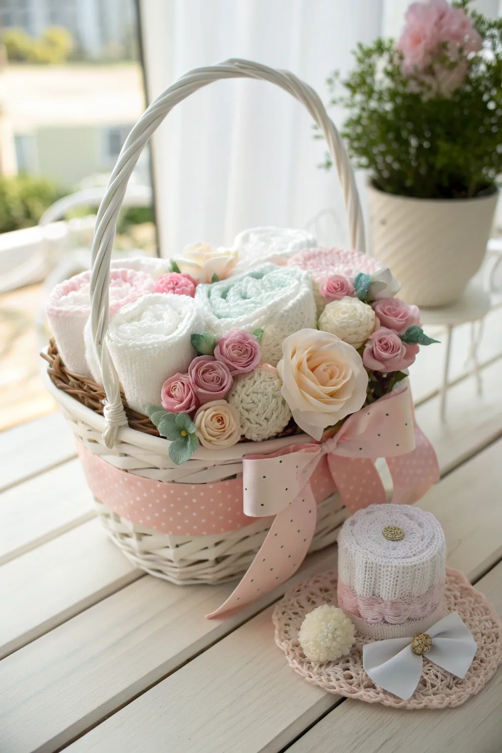 A perfect blend of simplicity and elegance: Discover the beauty of a floral-themed baby shower gift basket that steals the show.