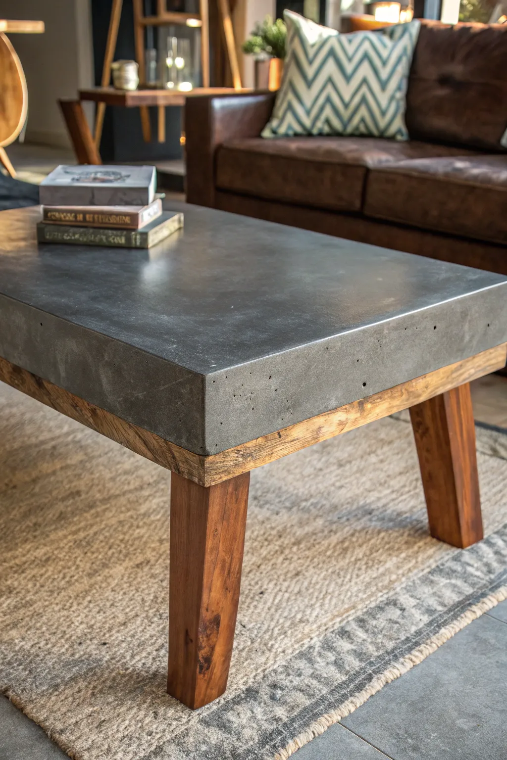 Elevate your living space with this handcrafted concrete top coffee table, where modern design meets artisan craftsmanship.