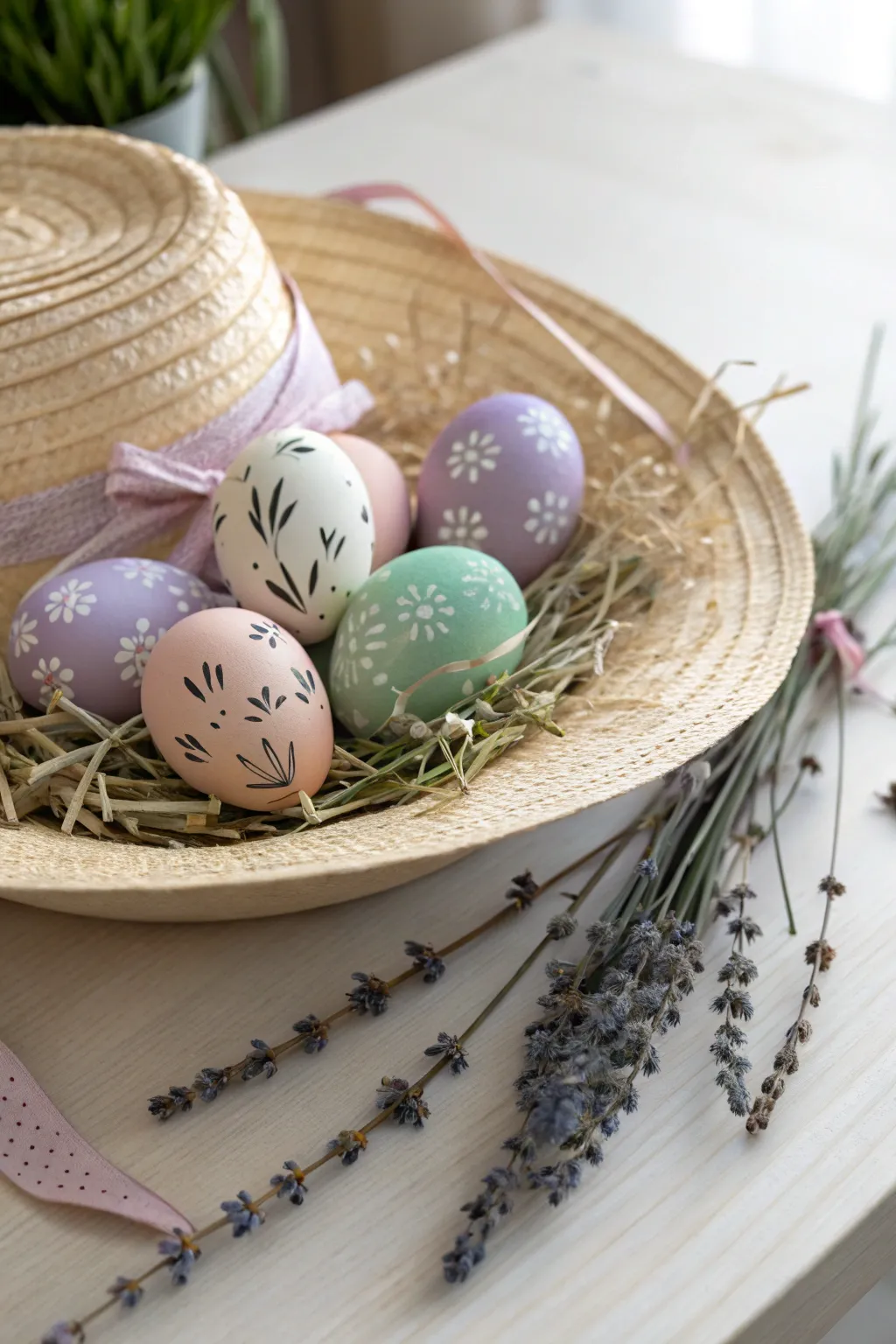 Embrace the charm of Easter with a Scandinavian-inspired bonnet adorned with delicately painted wooden eggs. #EasterElegance #ScandiBoho