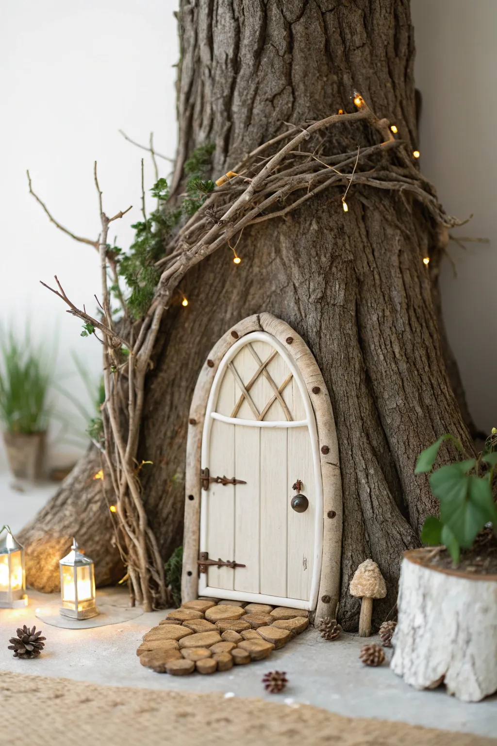 Embrace the magic of nature with a twig-framed fairy door, a whimsical touch to your garden.