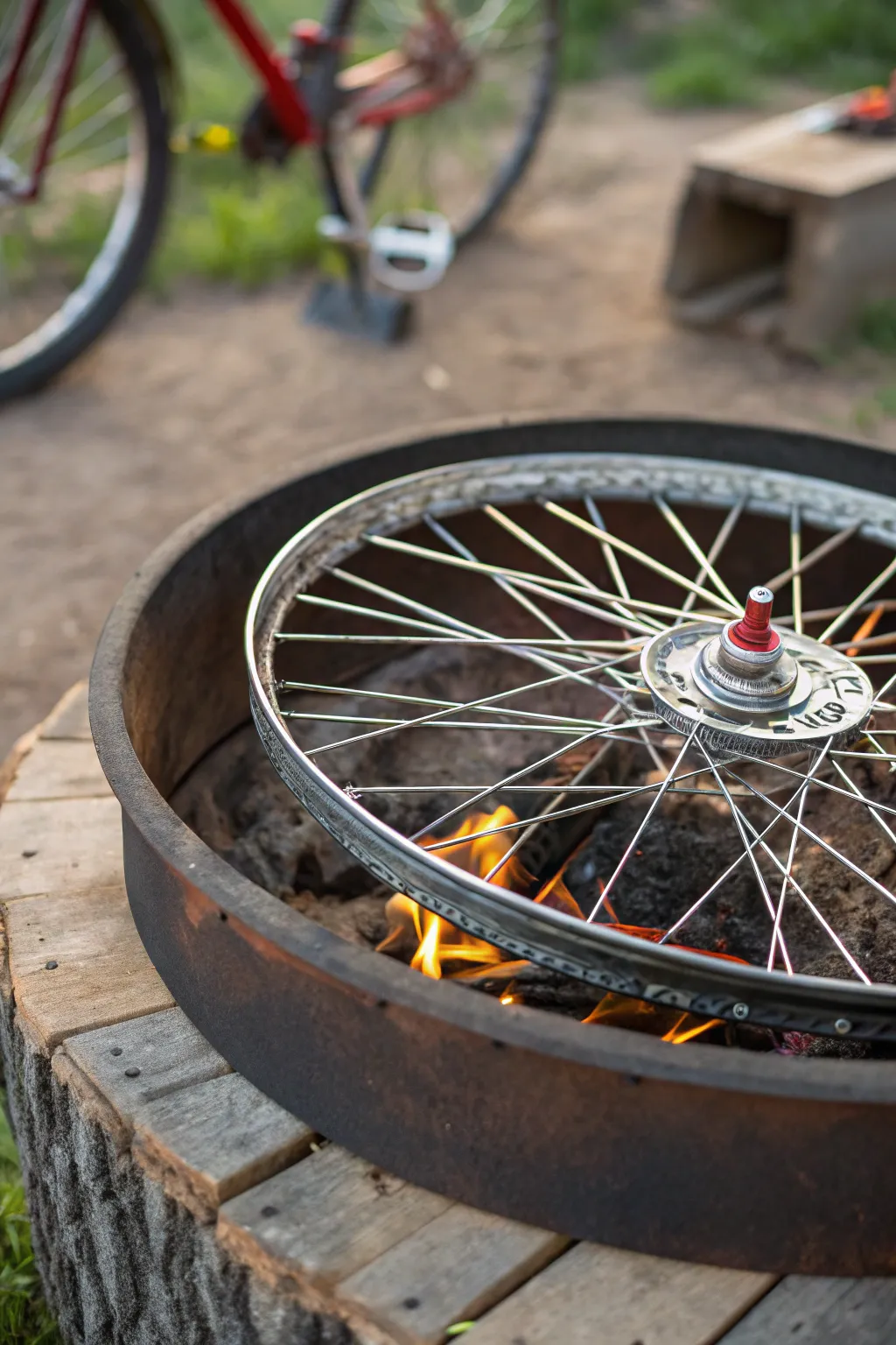 Transforming old into gold: A bicycle wheel rim turned into a unique grill grate.