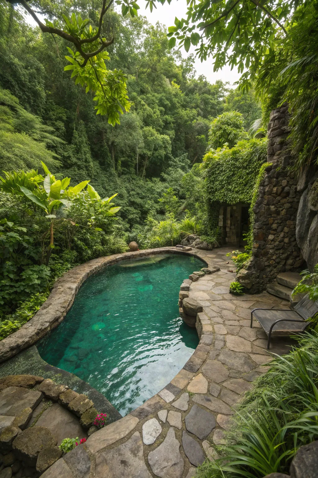 Dive into your own secret garden: A handcrafted natural pool surrounded by lush greenery.