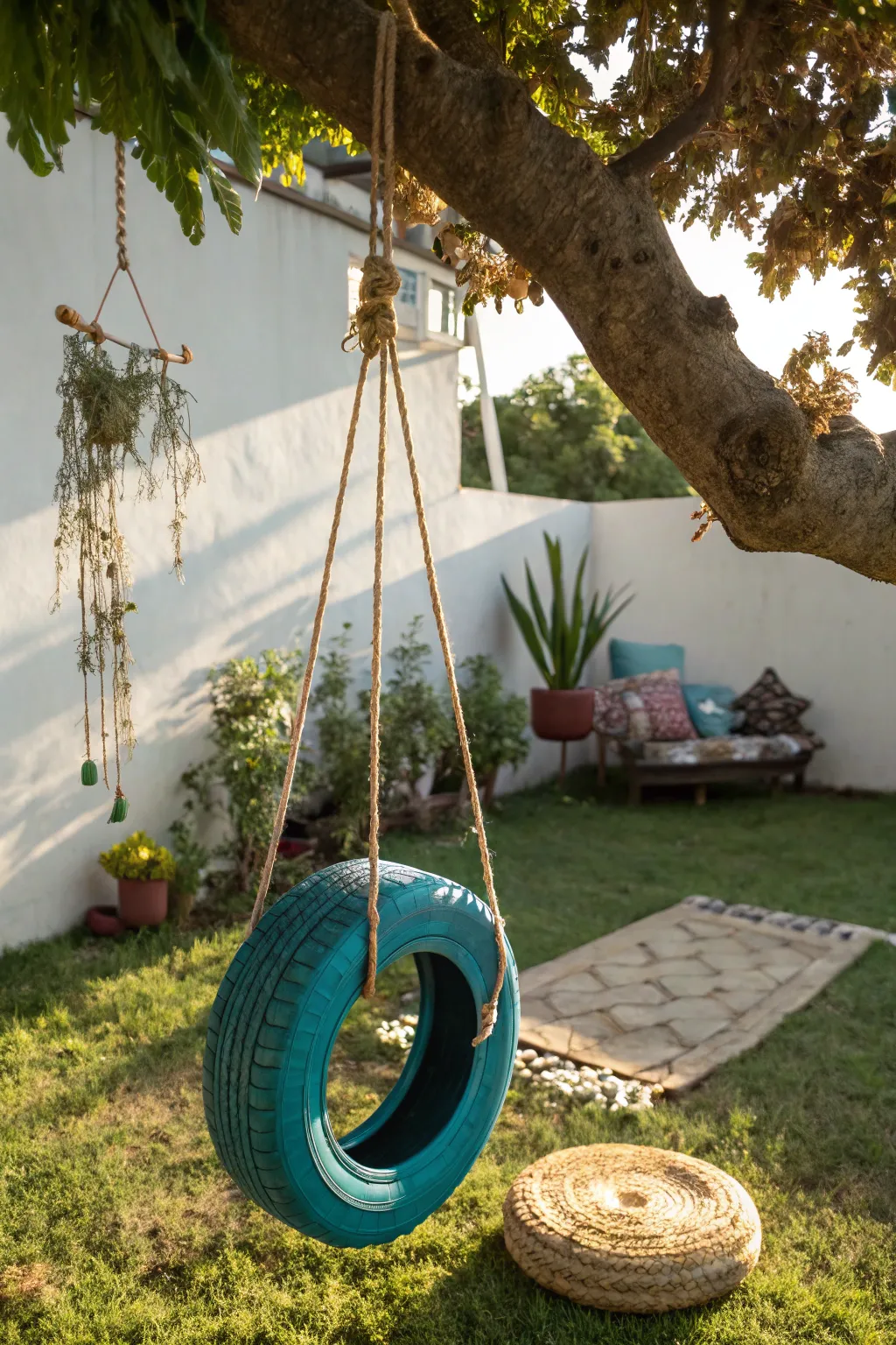 Transform an old tire into a chic garden swing, blending Scandinavian simplicity with bohemian charm.