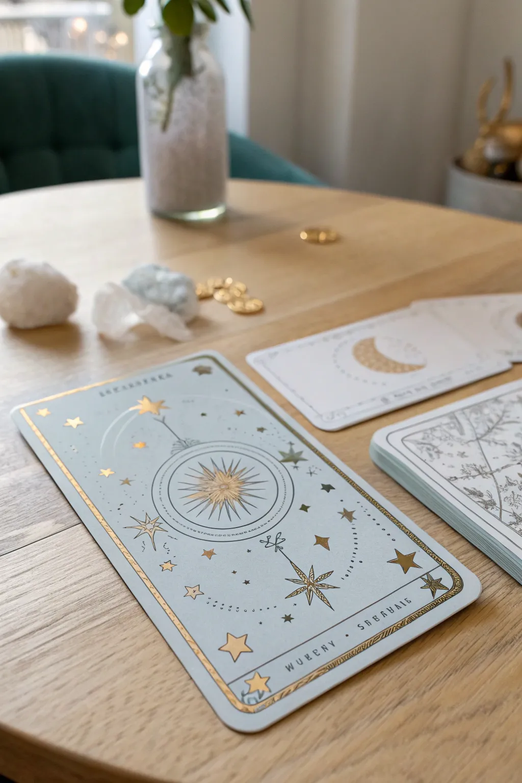 Unveil the cosmos with a celestial-themed tarot card, where minimalism meets the magic of the stars.
