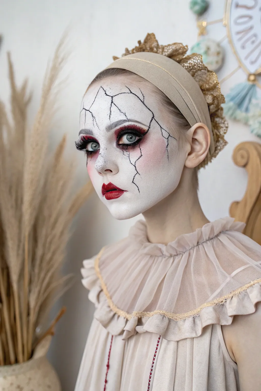 Embrace the haunting elegance of a Broken Doll with this DIY costume idea. Craftsmanship meets simplicity in this ethereal look.