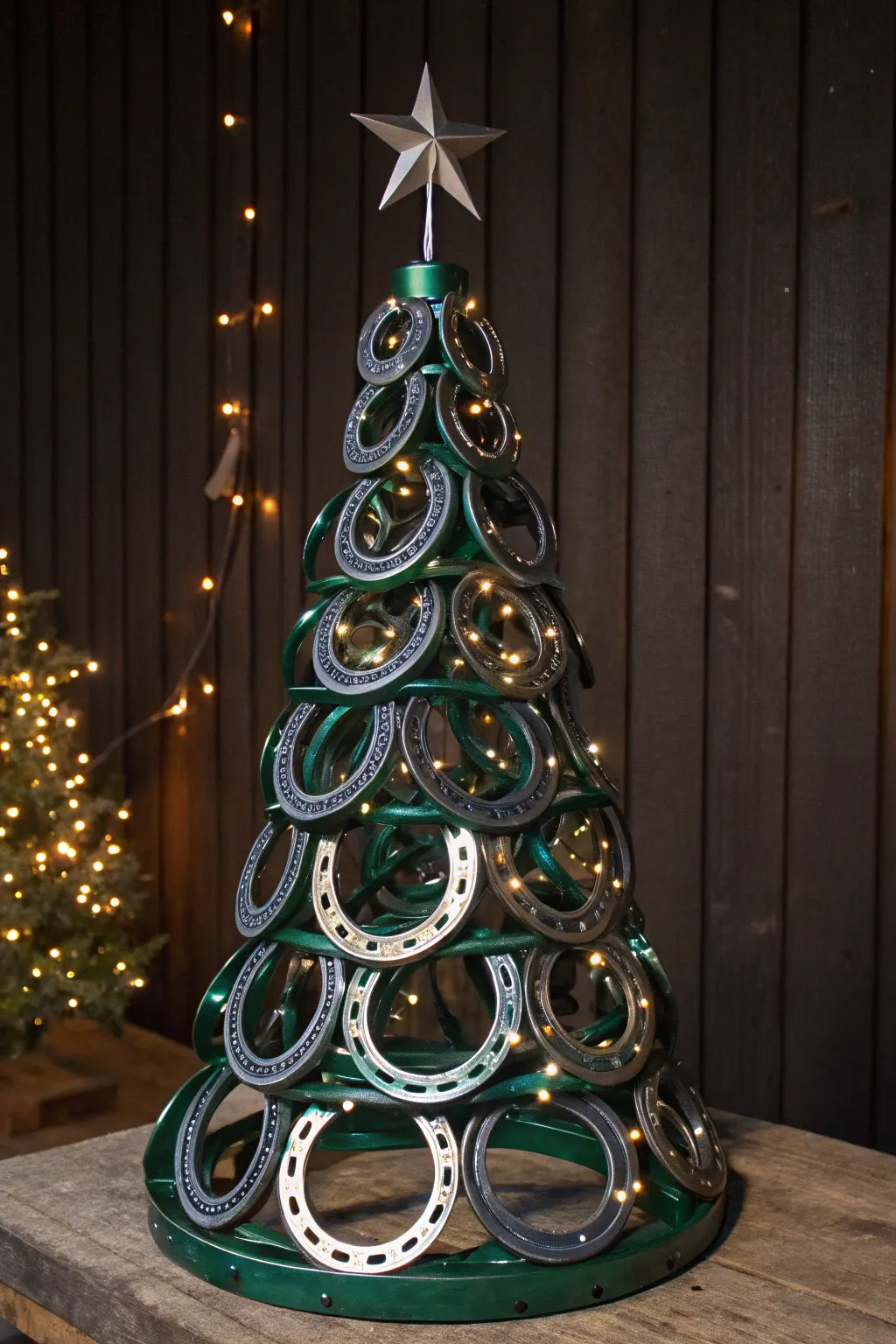 Craftsmanship meets festivity: A stunning horseshoe Christmas tree that shines with holiday spirit.