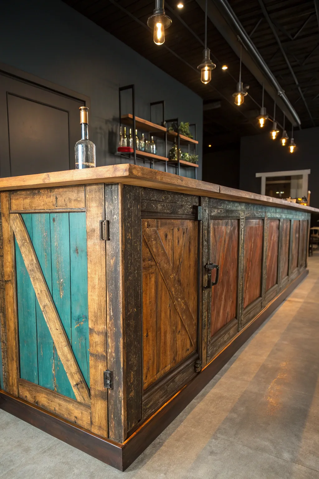 Transform history into style with a repurposed door bar countertop.
