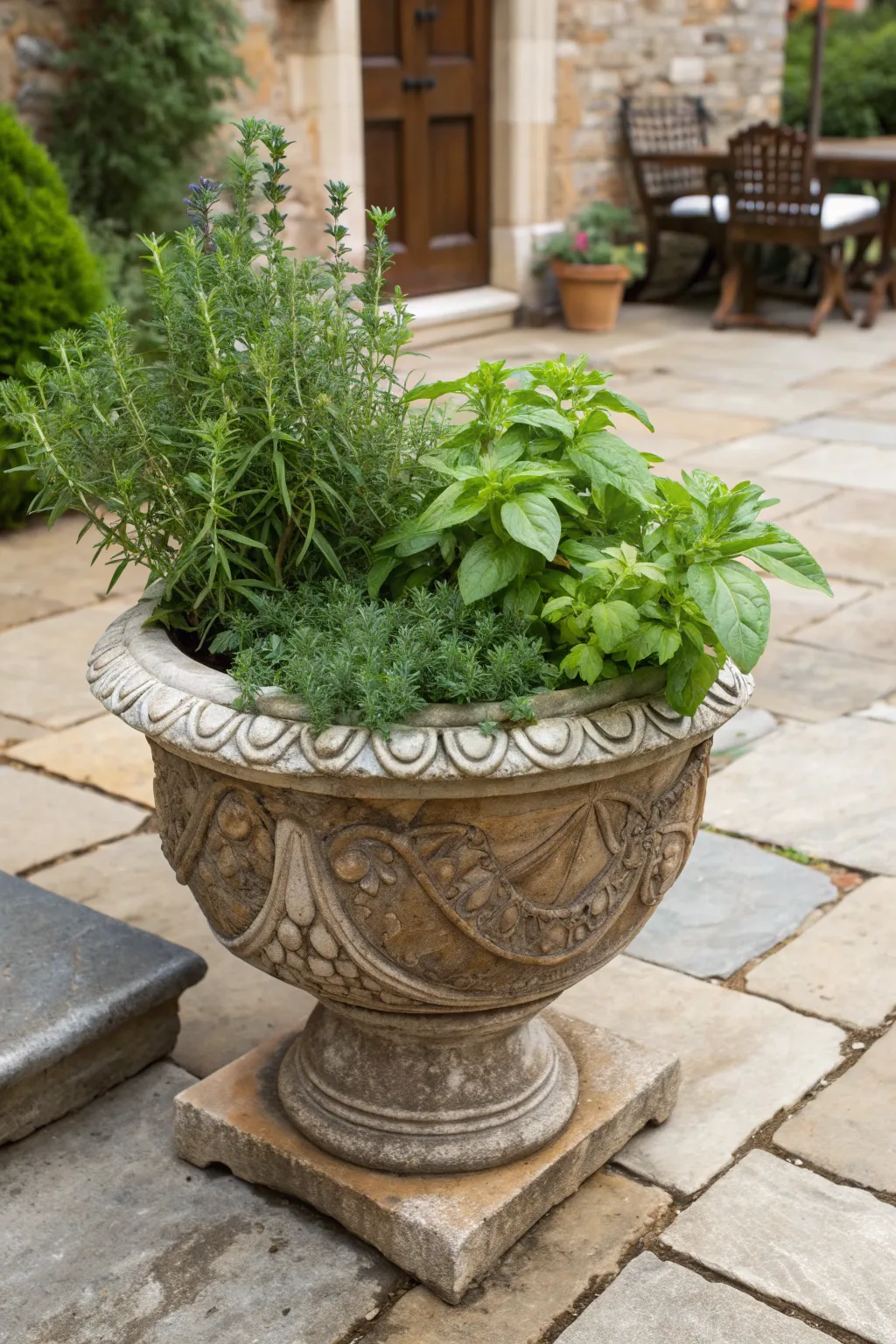 Elevate your stone patio with the timeless allure of handcrafted planters filled with fresh, aromatic herbs.