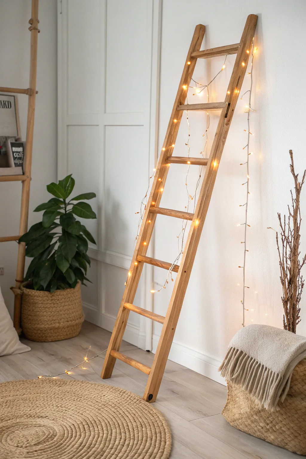 Add a touch of magic to your space with a beautifully illuminated ladder. ✨ #ScandinavianBoho #HomeDecor