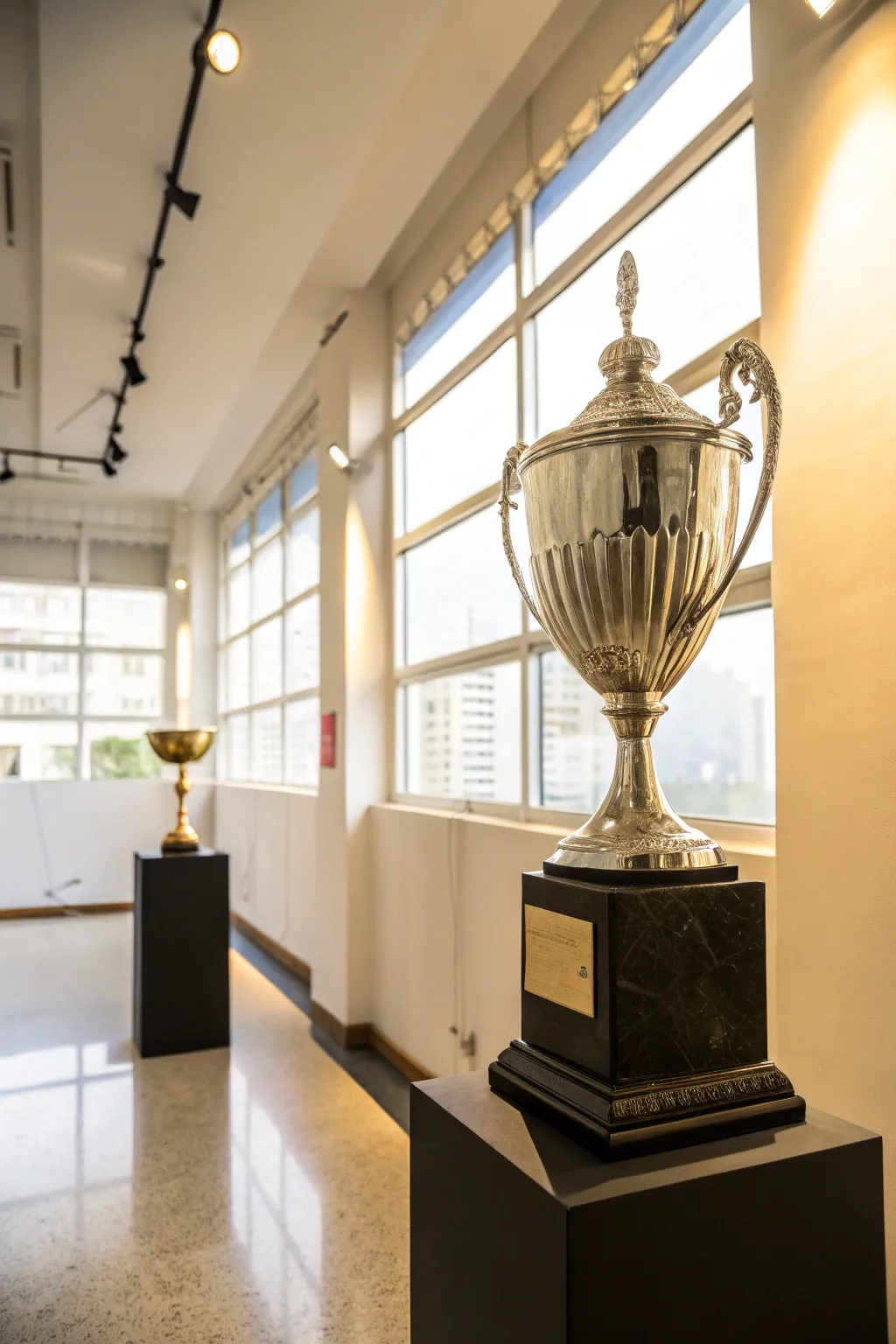 A trophy displayed prominently on a pedestal.