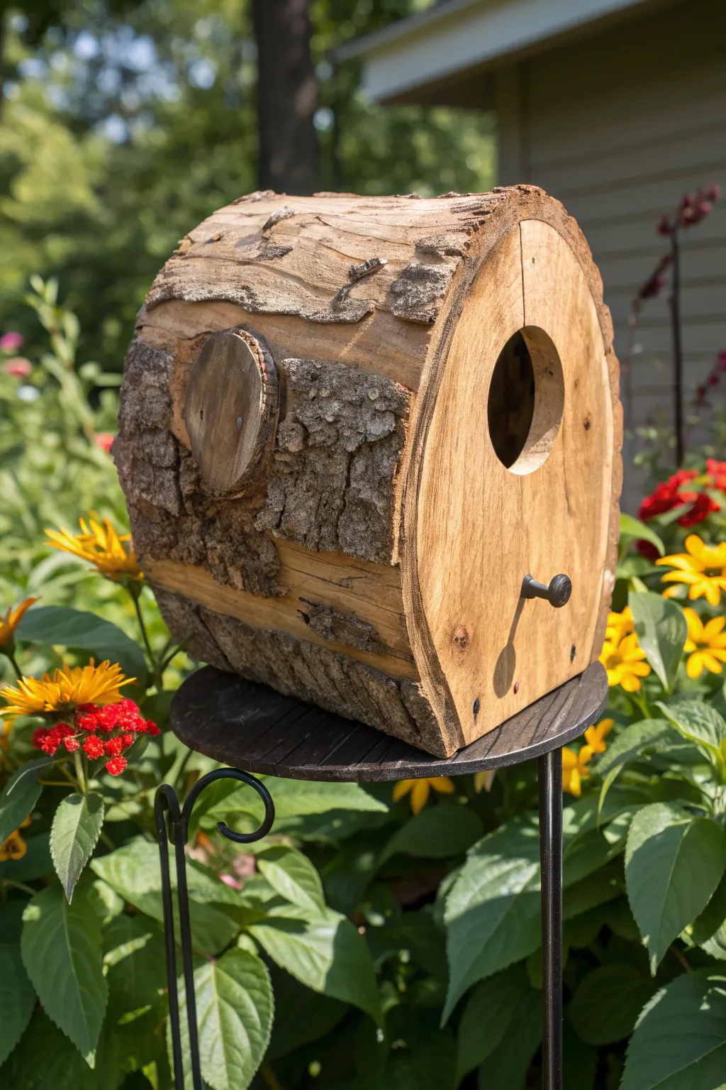 Invite nature into your garden with a handcrafted hollow log birdhouse.
