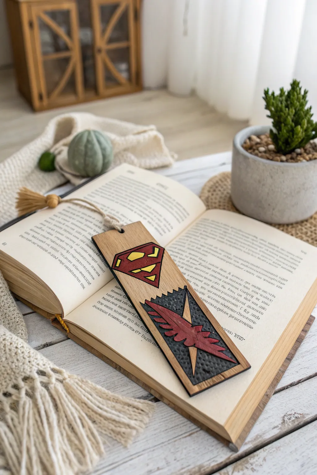 Add a splash of heroism to your reading with this handcrafted superhero bookmark, blending minimalist elegance with a touch of Boho charm.