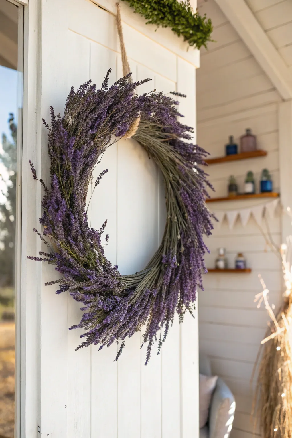 Embrace rustic elegance with a handcrafted lavender wreath, perfect for a touch of summer charm.
