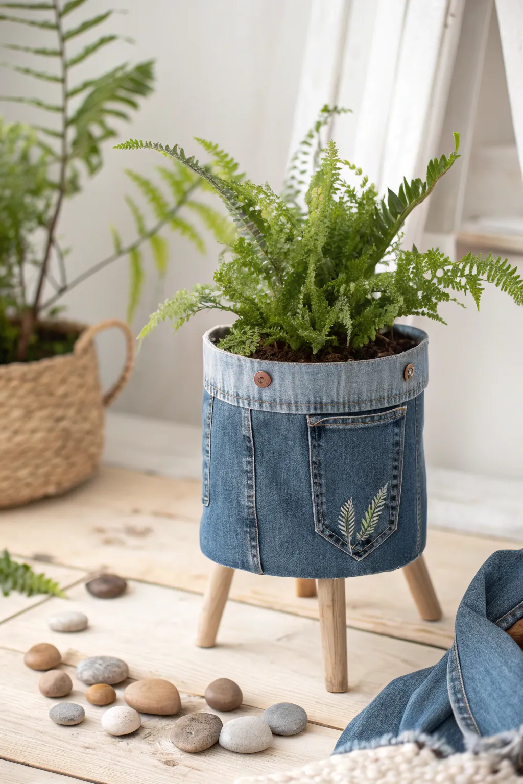 Elevate your plant display with chic upcycled denim planters, where sustainability meets style.