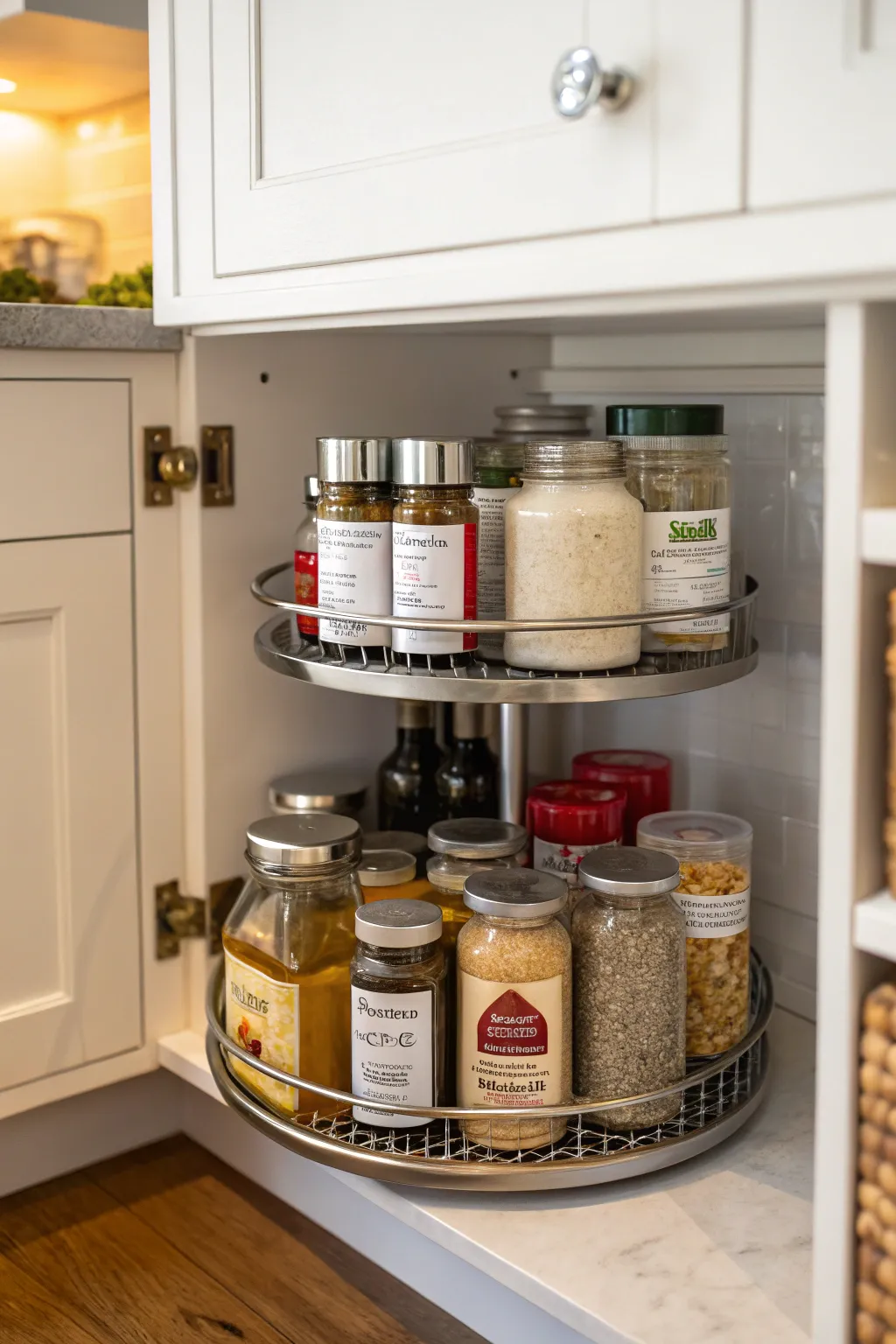 A lazy Susan maximizes space in corner cabinets.