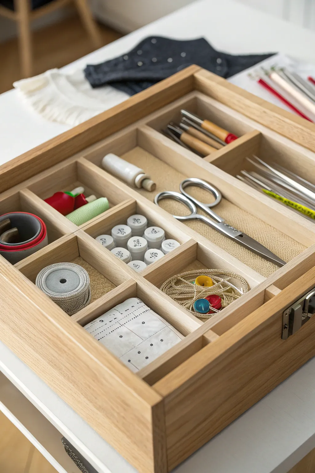 Drawer organizers keeping sewing tools neatly arranged.