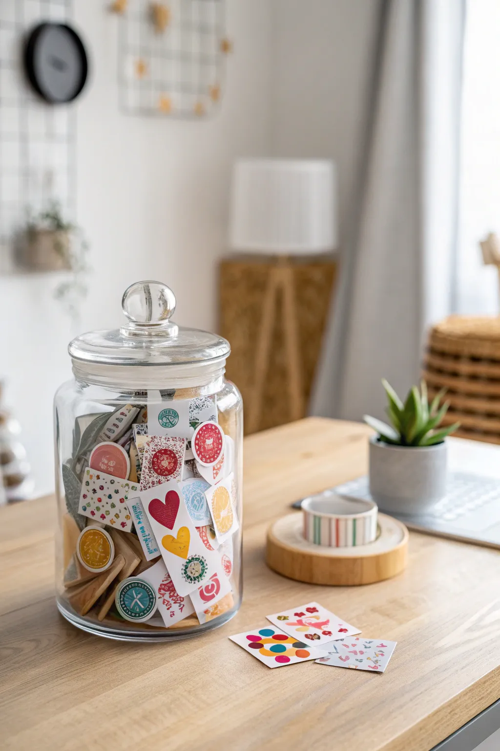 Transform your crafting space with a touch of Scandinavian elegance—store your sticker collection in a chic glass jar for a blend of beauty and functionality!