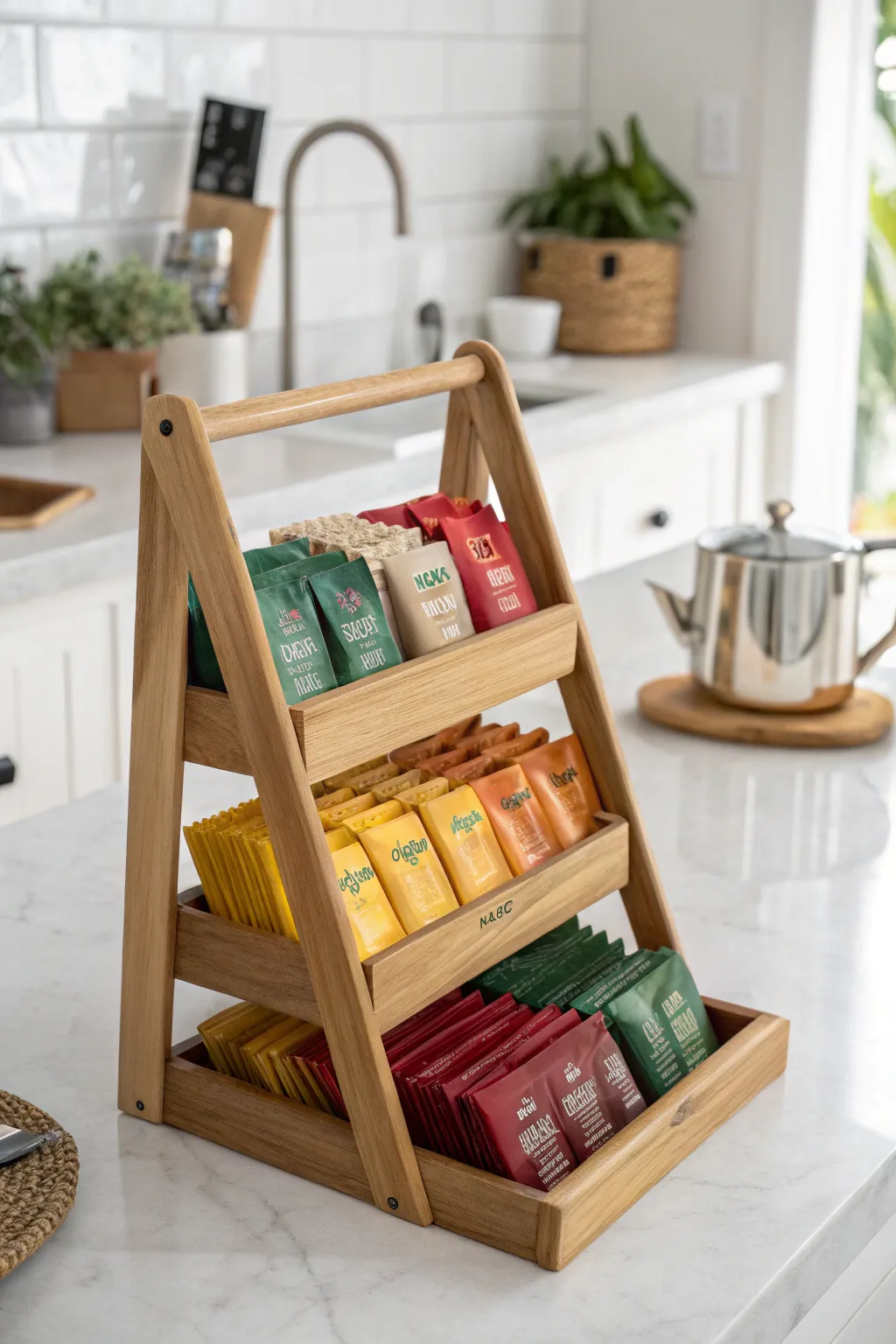 Elevate your tea game with a chic tiered organizer—where simplicity meets style.