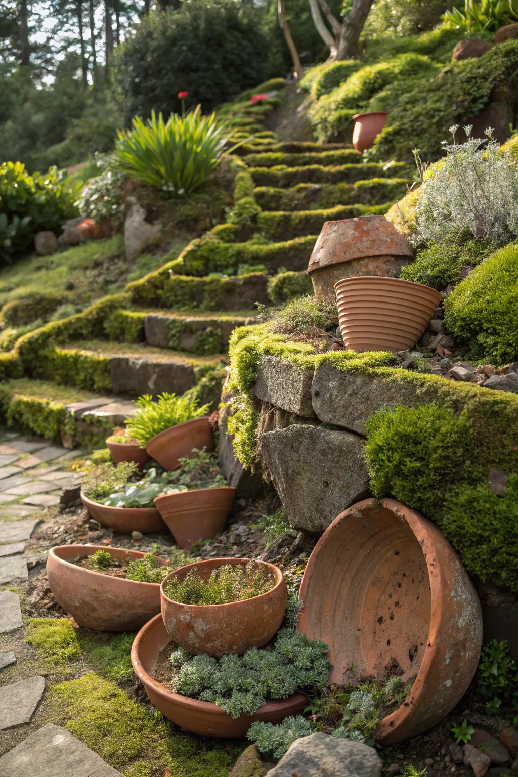 Transform your garden with a touch of creativity and elegance using broken clay pots for a stunning terraced landscape.