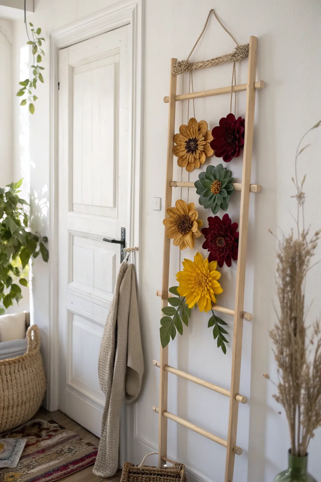 Elevate your space with vibrant faux blooms on a stylish over-the-door rack, blending minimalist charm with Boho flair.