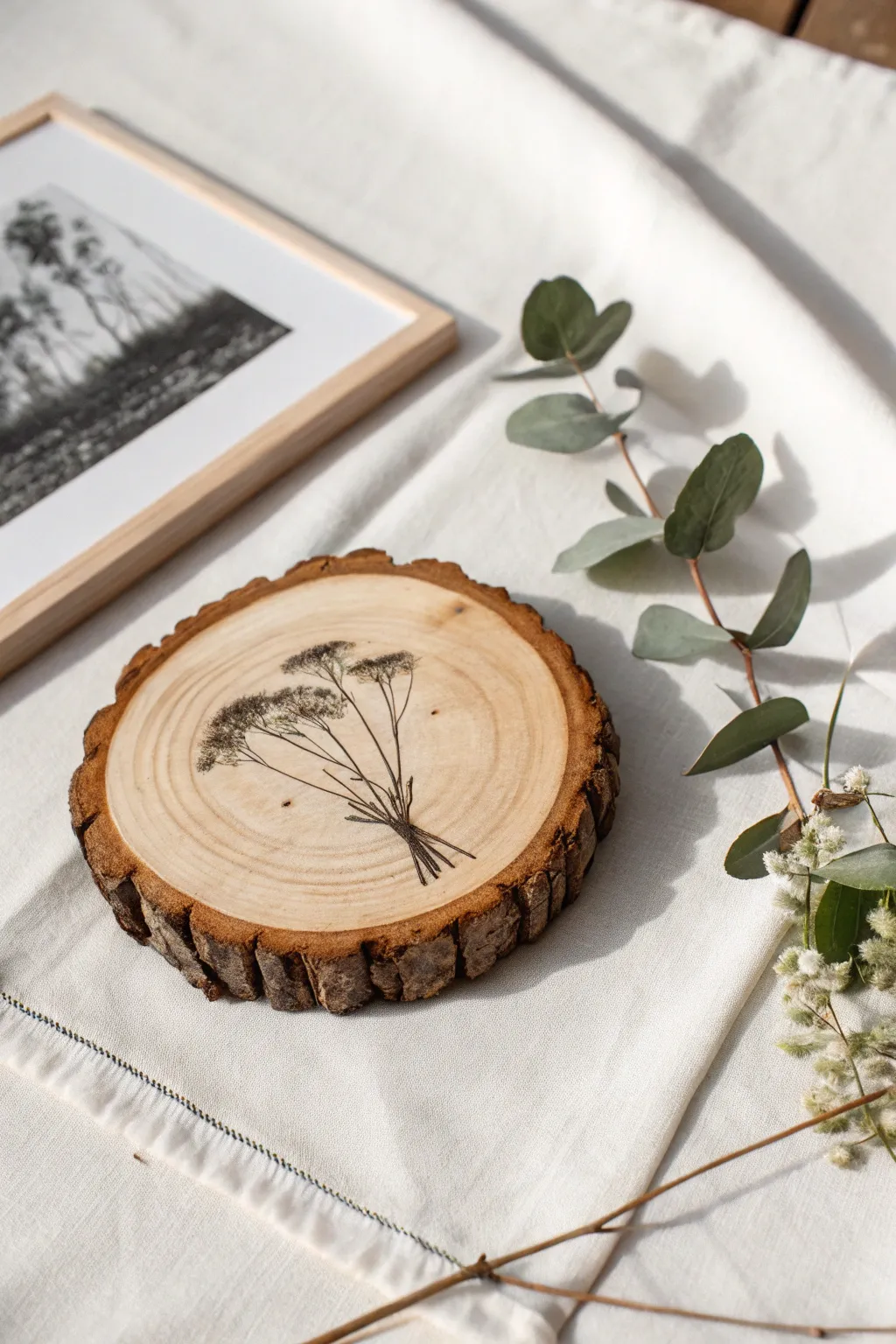Transform rustic wood slices into charming decor with a personal touch. Perfect for adding warmth and character to any minimalist space.