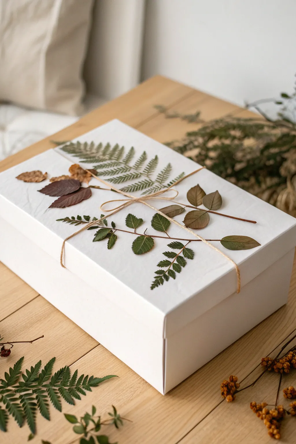 Embrace the beauty of nature with this leaf-adorned shoe box wrap, perfect for a touch of organic elegance.