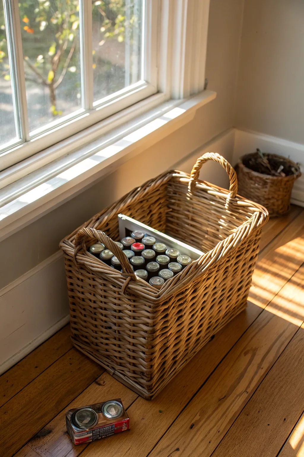 Wicker baskets add a natural element to battery storage.