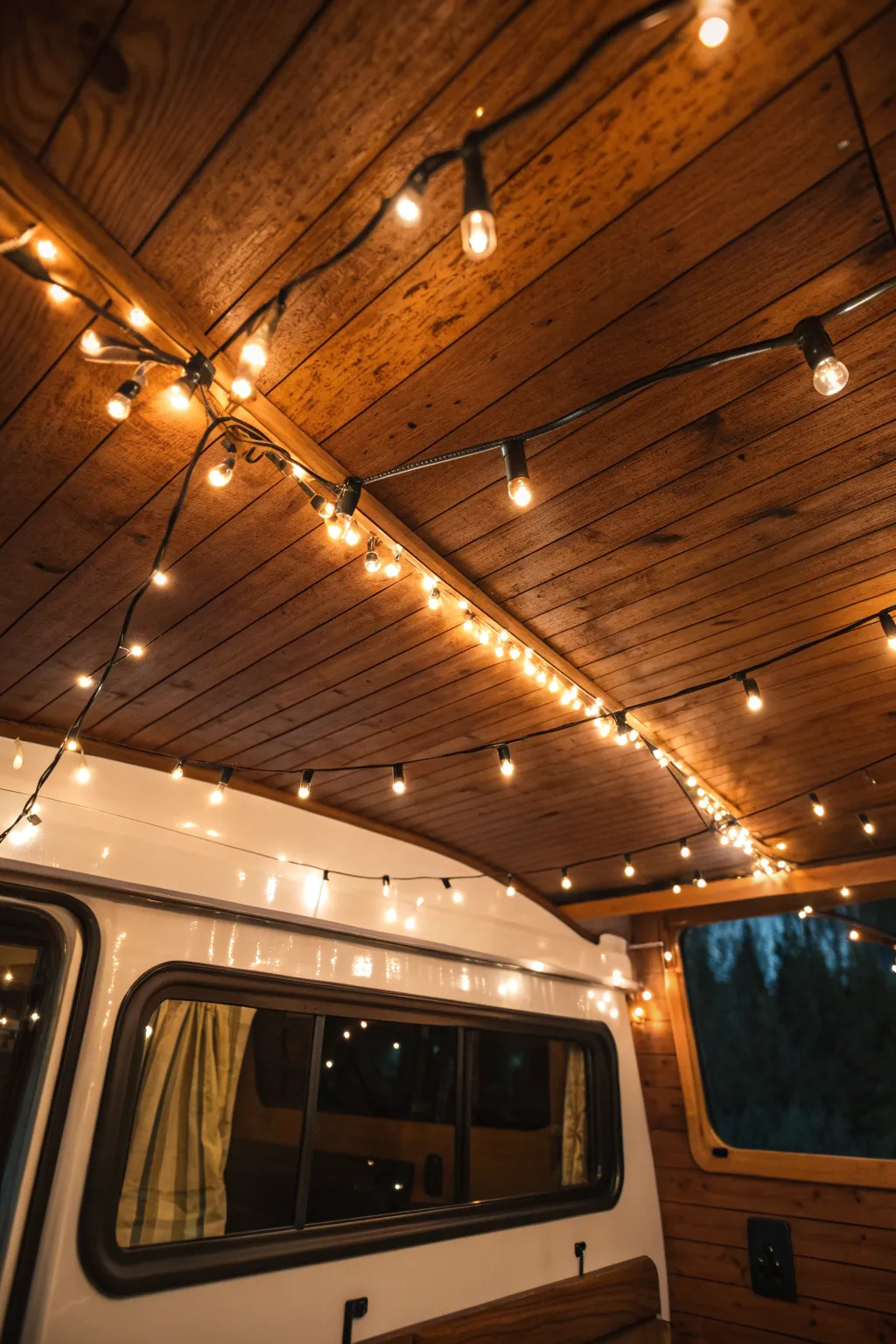 Illuminate your camper with eco-friendly charm: string lights for the perfect evening glow.