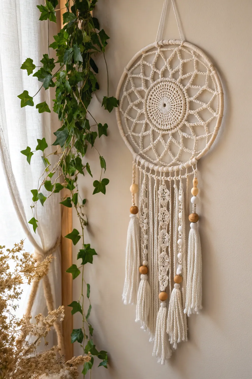 Embrace the serene elegance of macrame magic with this boho-chic dream catcher.