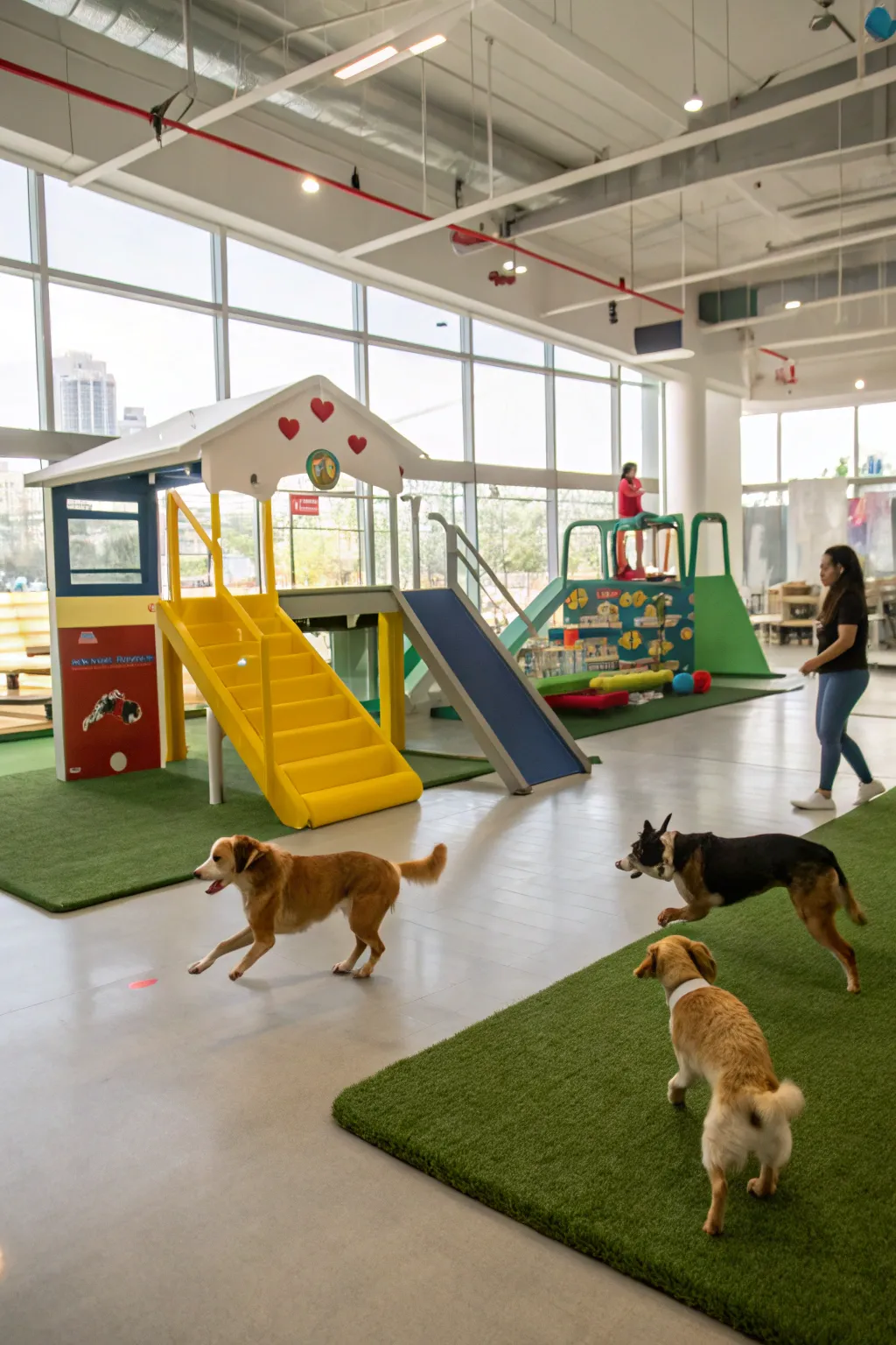 Indoor play structures provide fun exploration opportunities for dogs.