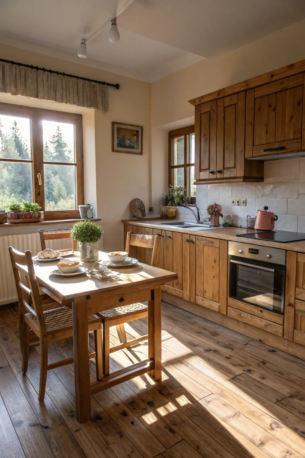 Natural wood adds warmth to industrial elements in the kitchen.