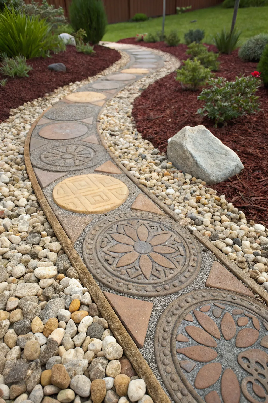 Elevate your garden path with the bold contrast of gravel filler between stepping stones.