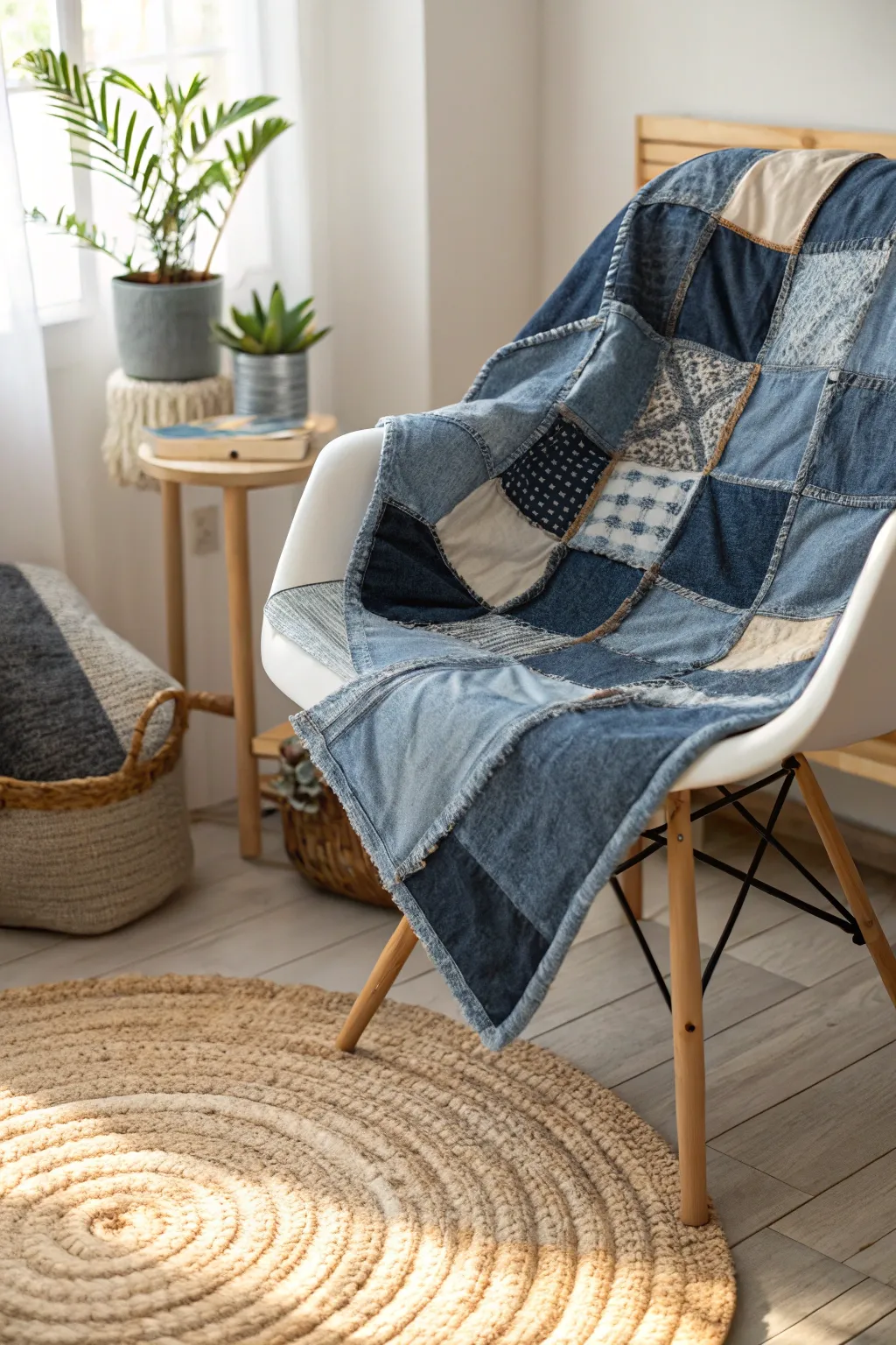 Experience the art of touch with this stunning jean quilt, where every patch tells a story of texture and simplicity.