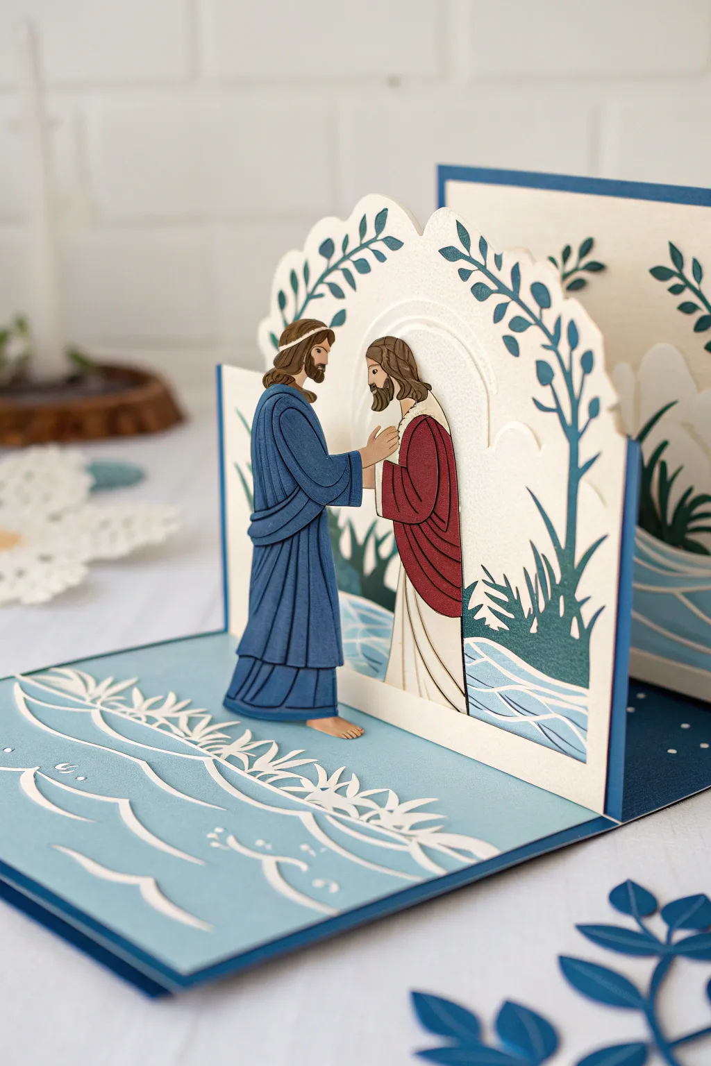 Discover the beauty of simplicity with this elegant pop-up baptism scene, a perfect blend of minimalist design and boho charm.