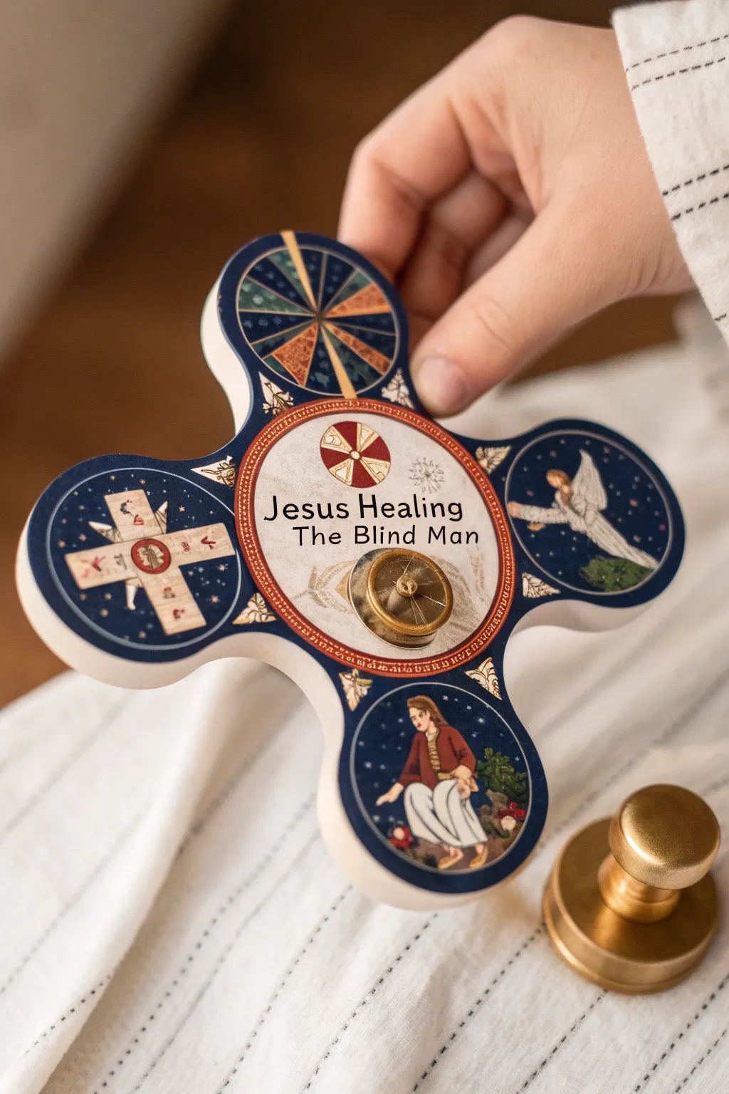 Witness the miracle unfold: a handcrafted spinner capturing the story of Jesus healing the blind man, blending minimalist design with vibrant storytelling.