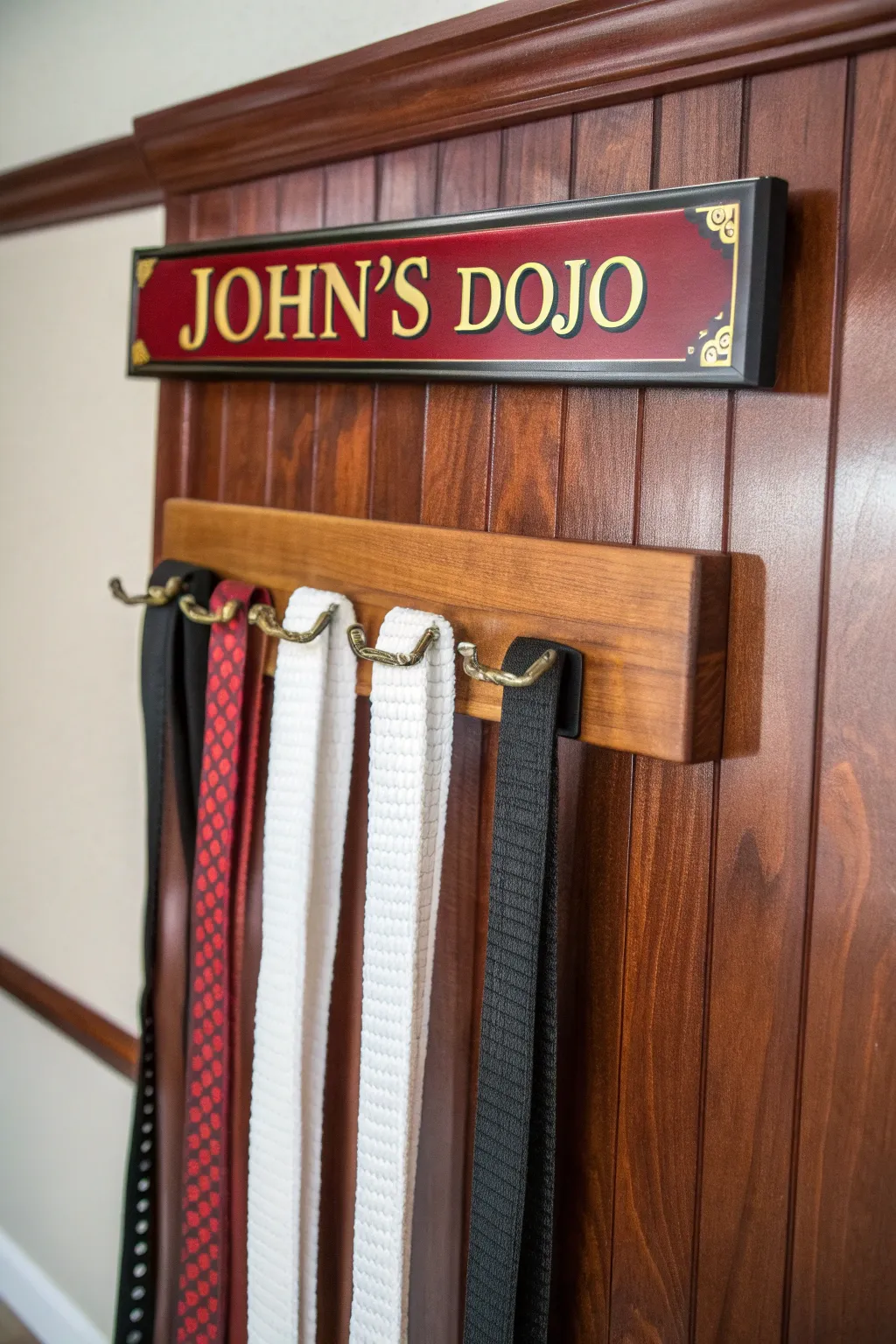 Celebrate your martial arts journey with a personalized touch—'John's Dojo' stands proudly above the belt display.