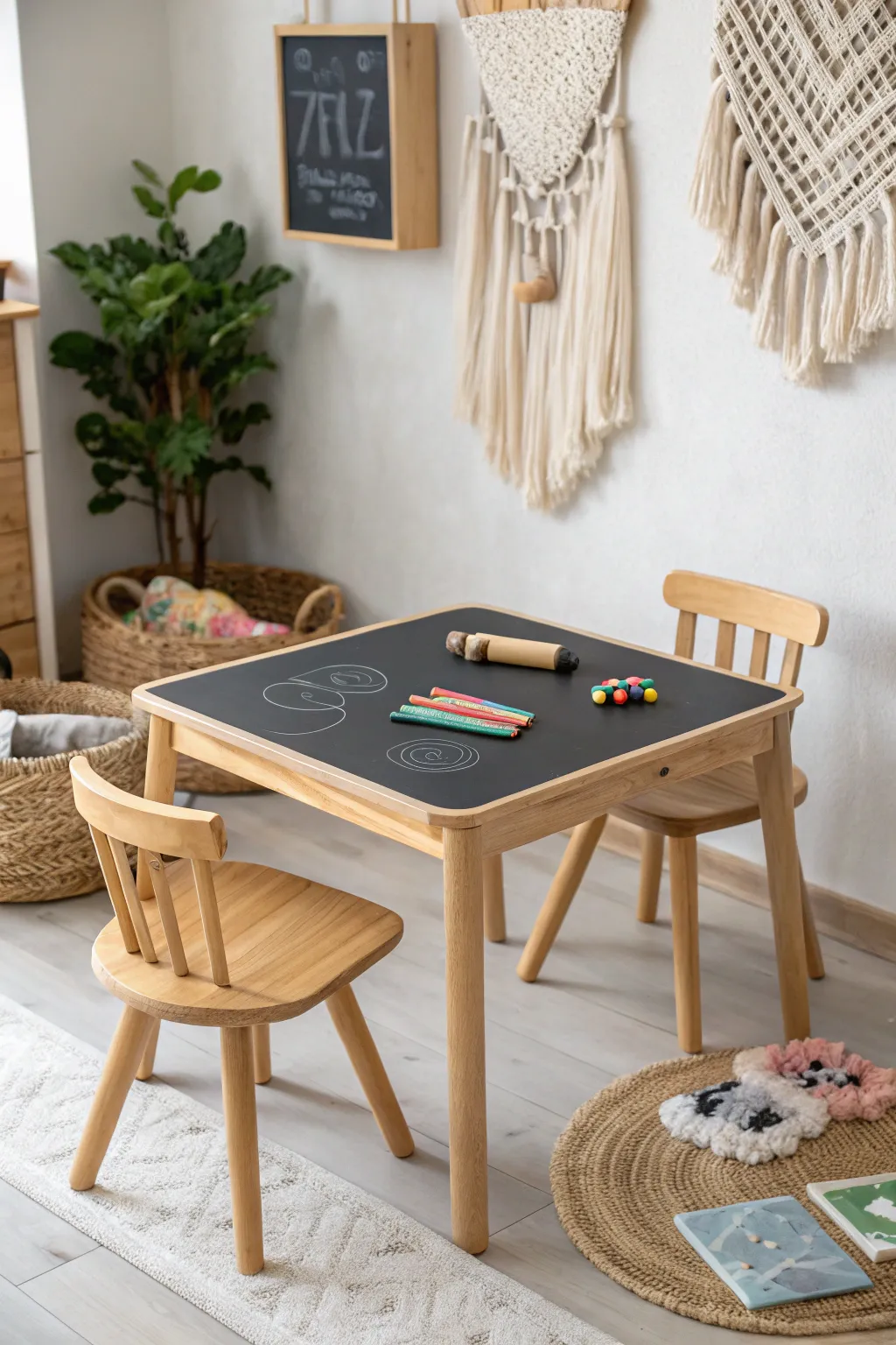 Unleash creativity with a chic chalkboard tabletop – where imagination meets Scandinavian style!