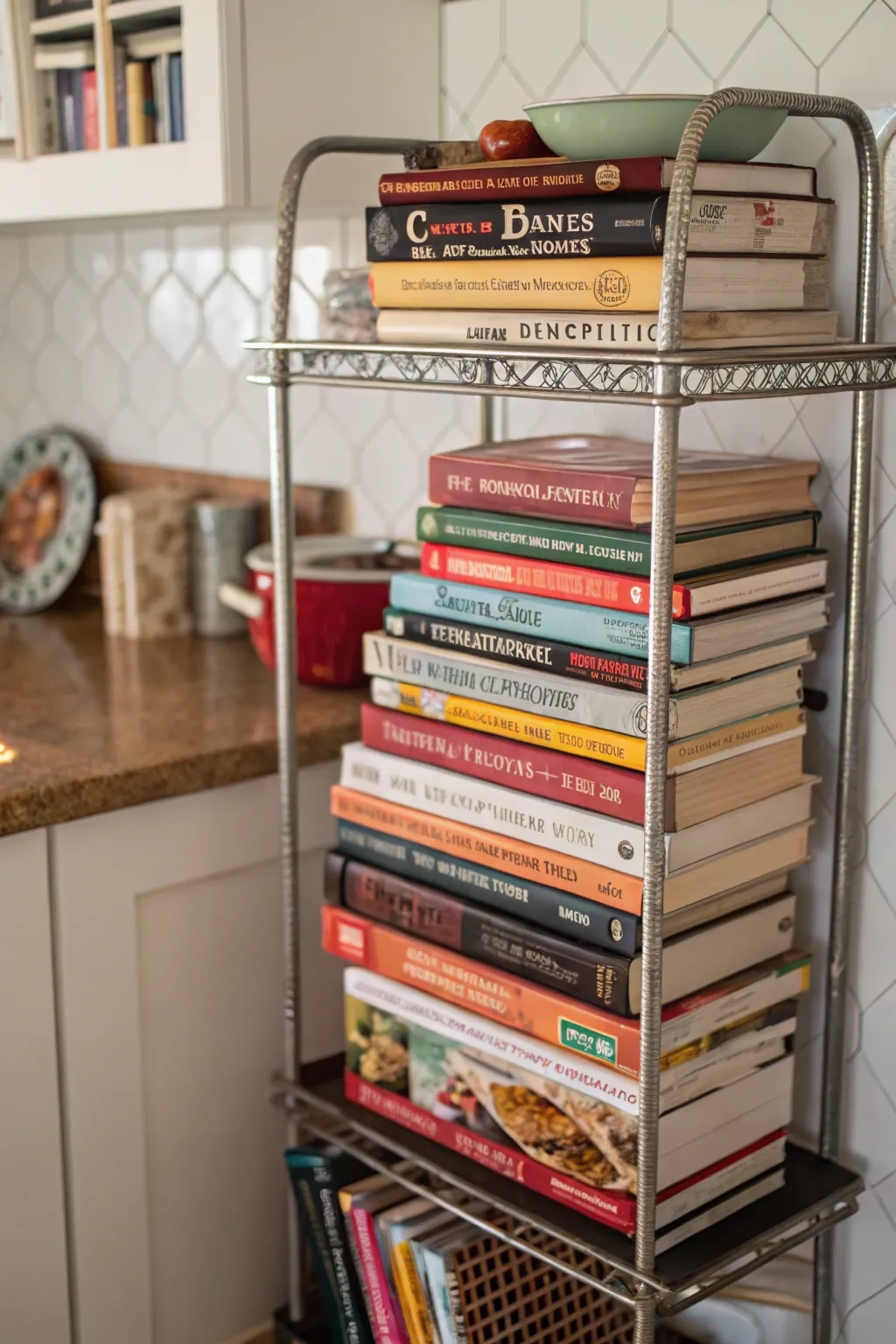 Cookbooks on display offer both utility and charm.