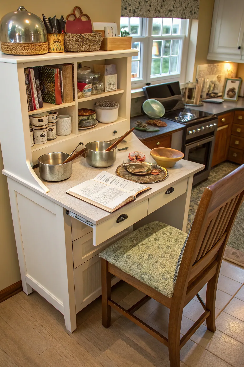 A versatile desk that serves multiple purposes in the kitchen.