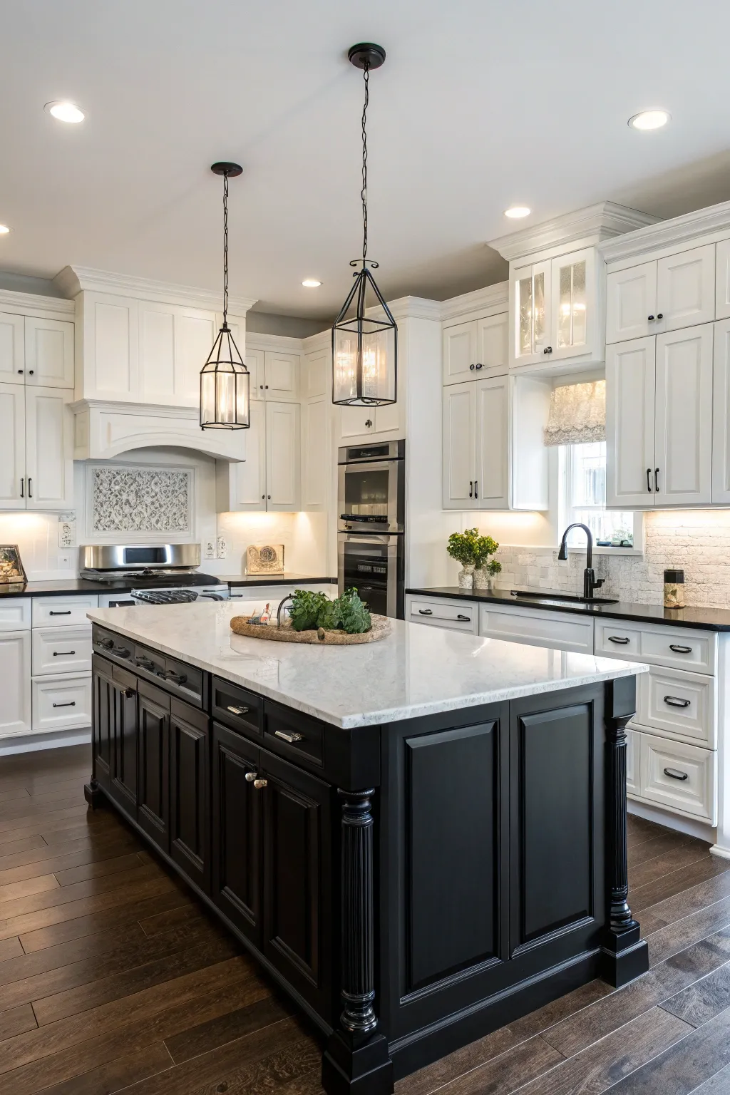 A kitchen with a bold black island that provides a striking contrast to the white cabinetry.
