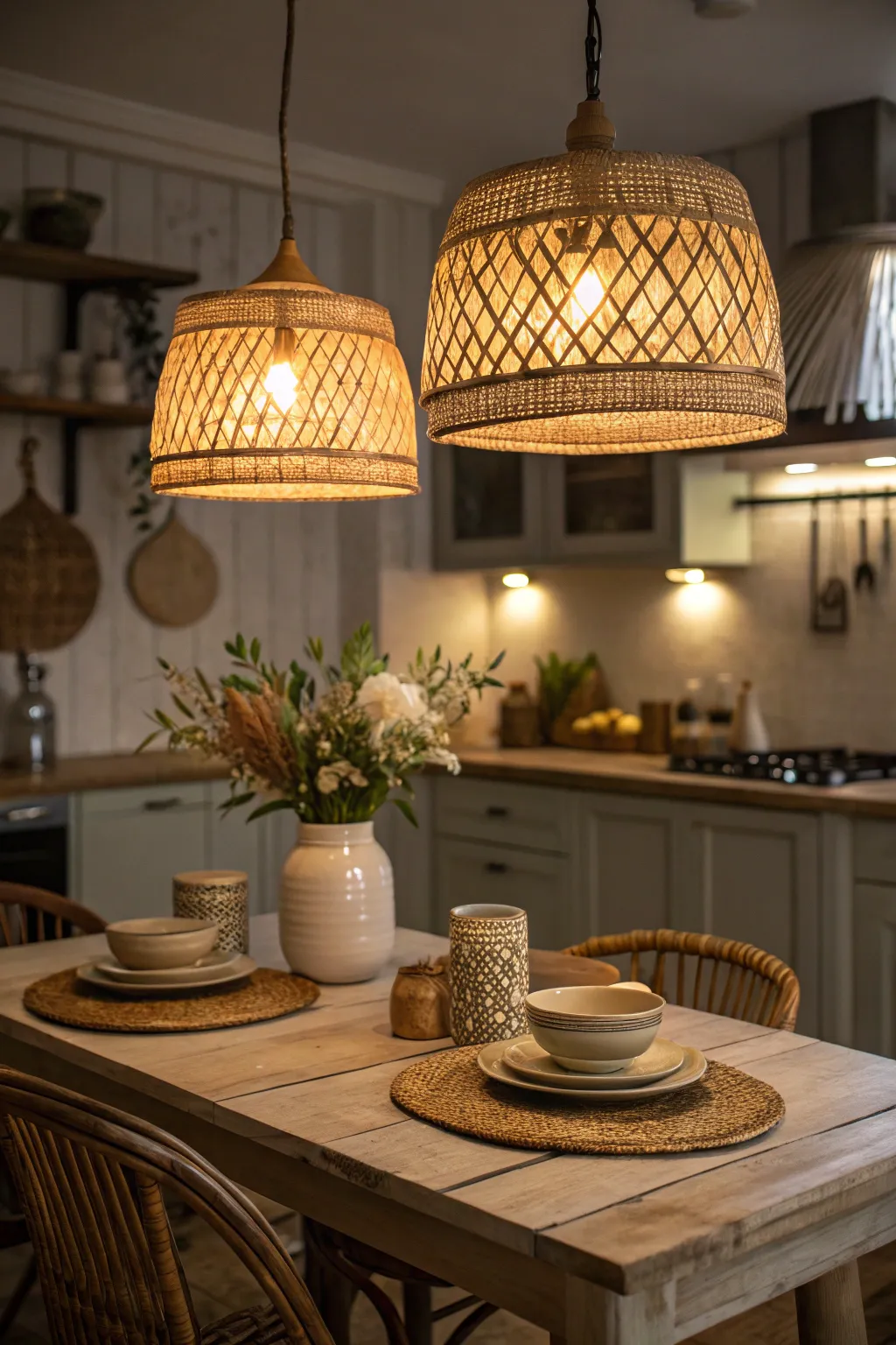 Woven shades provide a warm, inviting glow.