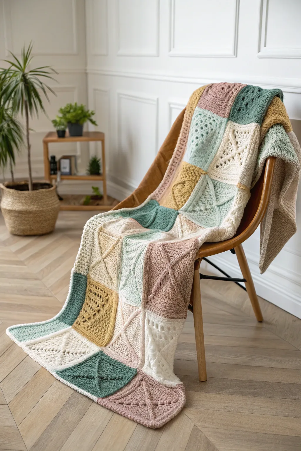 Cozy up with a stunning patchwork knit blanket, where creativity meets simplicity.
